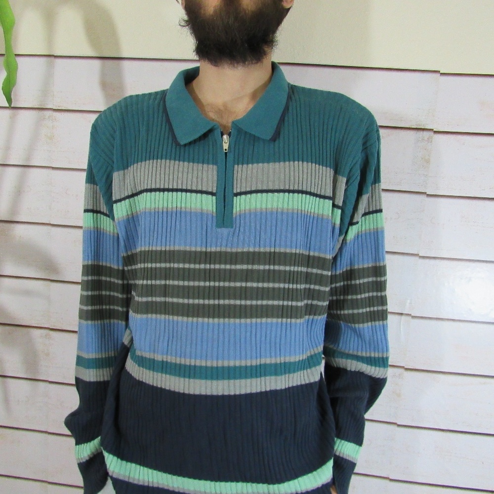 Vintage retro knit striped 1/4 zip sweater - Picture 2 of 5